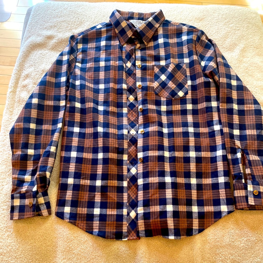 Vintage Sears Mens L Multicolor Orange Blue Plaid Flannel Shirt Sz 16 (L)